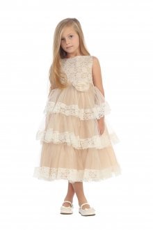 Champagne Sleeveless Lace Detailing Flower Girl Dress with Tulle Layered Skirt